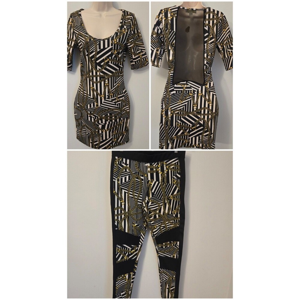 NWT Nicki Minaj Y2K 2pc Set Outfit L Dress Leggings Gold Chain Mesh Low Back 90s
